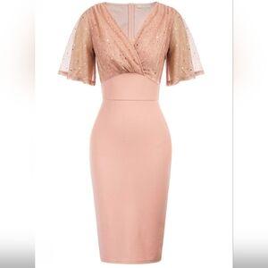 Belle Poque Peach Retro V Neck Glitter  Cocktail Pencil Bodycon Dress